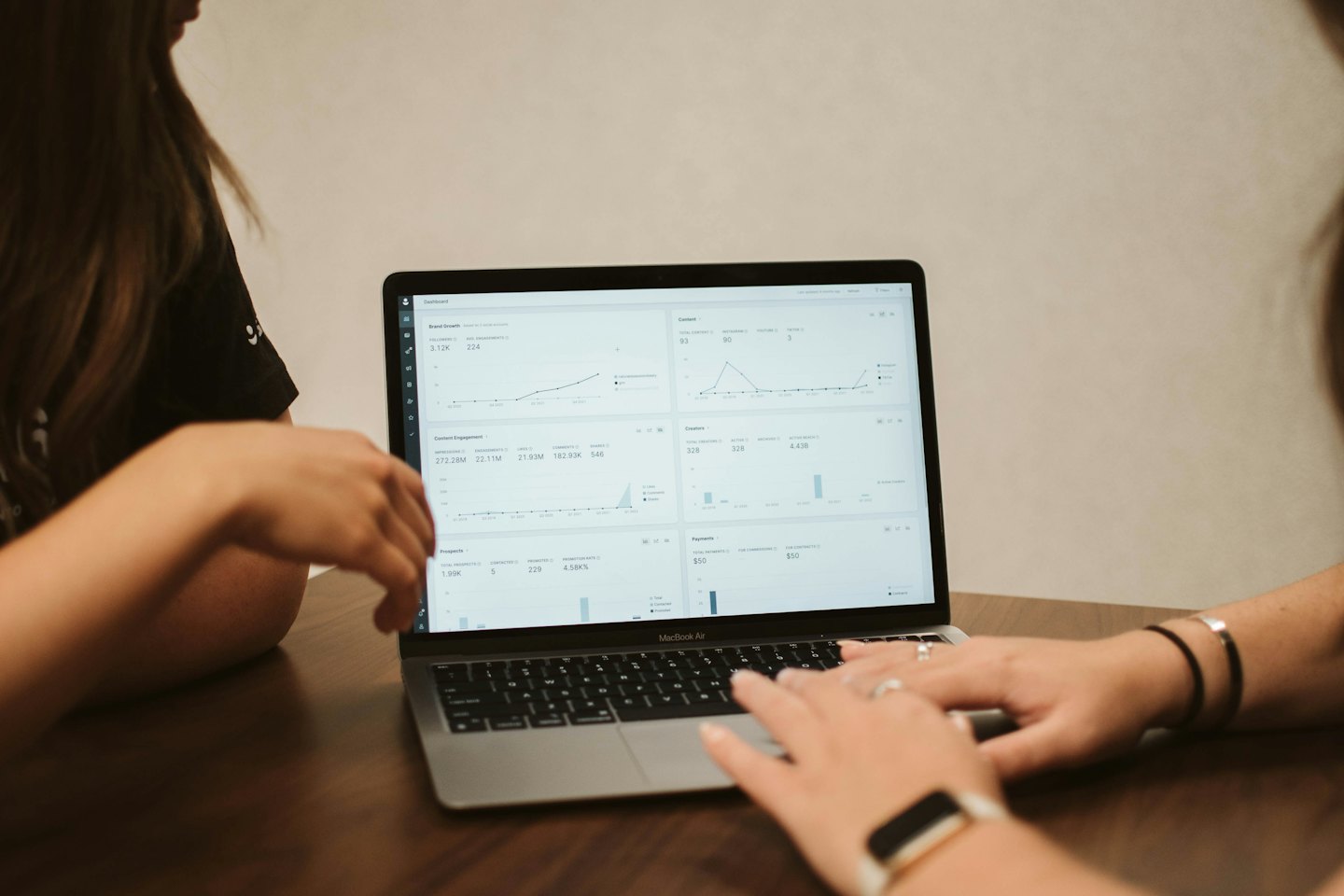 Two people collaborating over business data on a MacBook.
